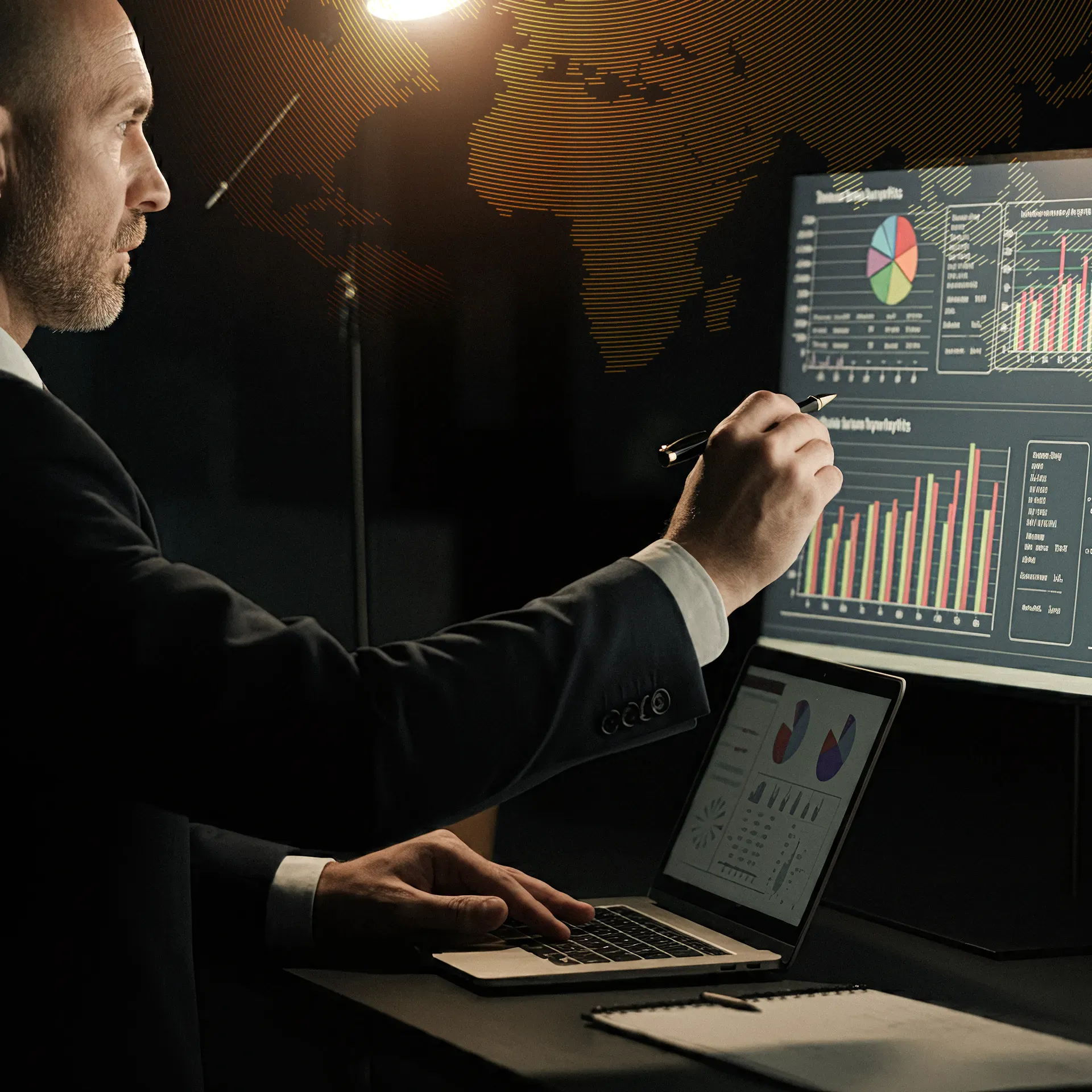 An entrepreneur reviewing international business performance